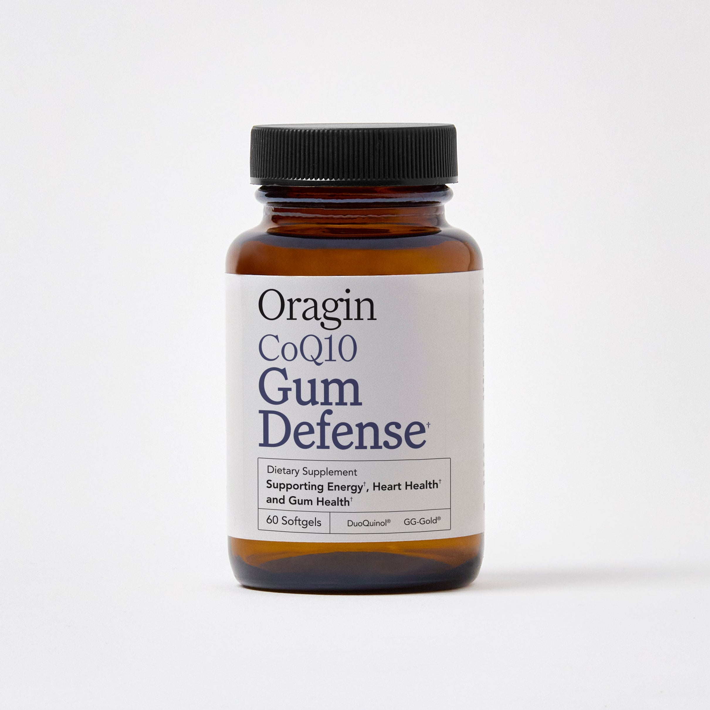 Oragin CoQ10 Gum Defense supplement bottle on a white background